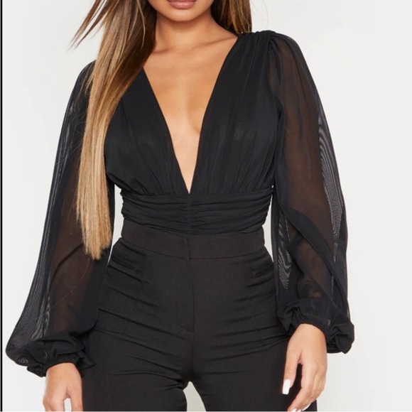 PRETTY LITTLE THING BLACK MESH RUCHED WAISTBAND BODYSUIT SIZE 8 - Picture 3 of 6